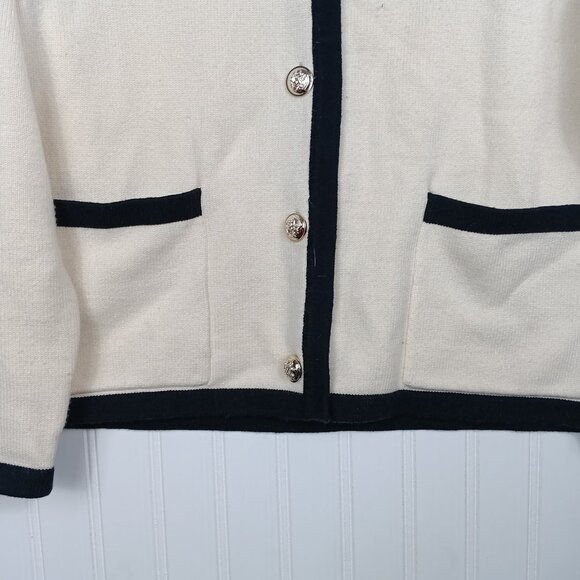 2 For $30 PRETTYGARDEN Knit Cream Cardigan Black Trim Gold Button Sweater L - Picture 4 of 8